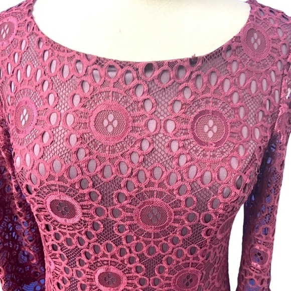 ModCloth Dress Cranberry Burgundy Floral Lace Overlay Lined Long Sleeves - Picture 7 of 11